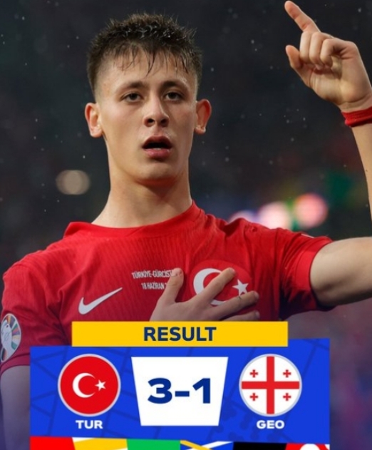 欧洲杯：土耳其 3-1 格鲁吉亚，米尔迪尔与居莱尔世界波建功